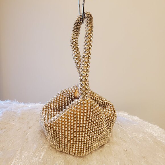 Unbranded Embellished Rhinestone Gold Mini Foldover Hand Bag Wristlet - Picture 5 of 13